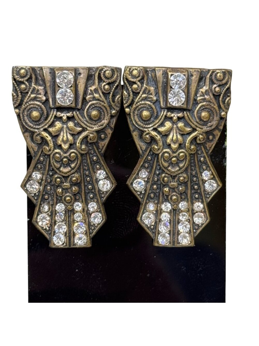 Antique Gold-Tone Rhinestone Dress Shoe Clips Pair Art Deco 1.5" Brass Victorian